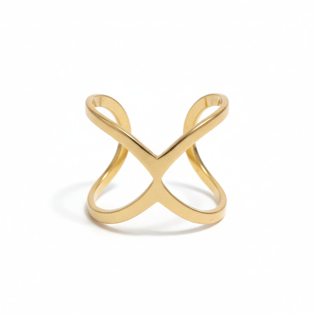 Open X ring in gold stainless steel — hypoallergenic tarnish-resistant artisan jewelry