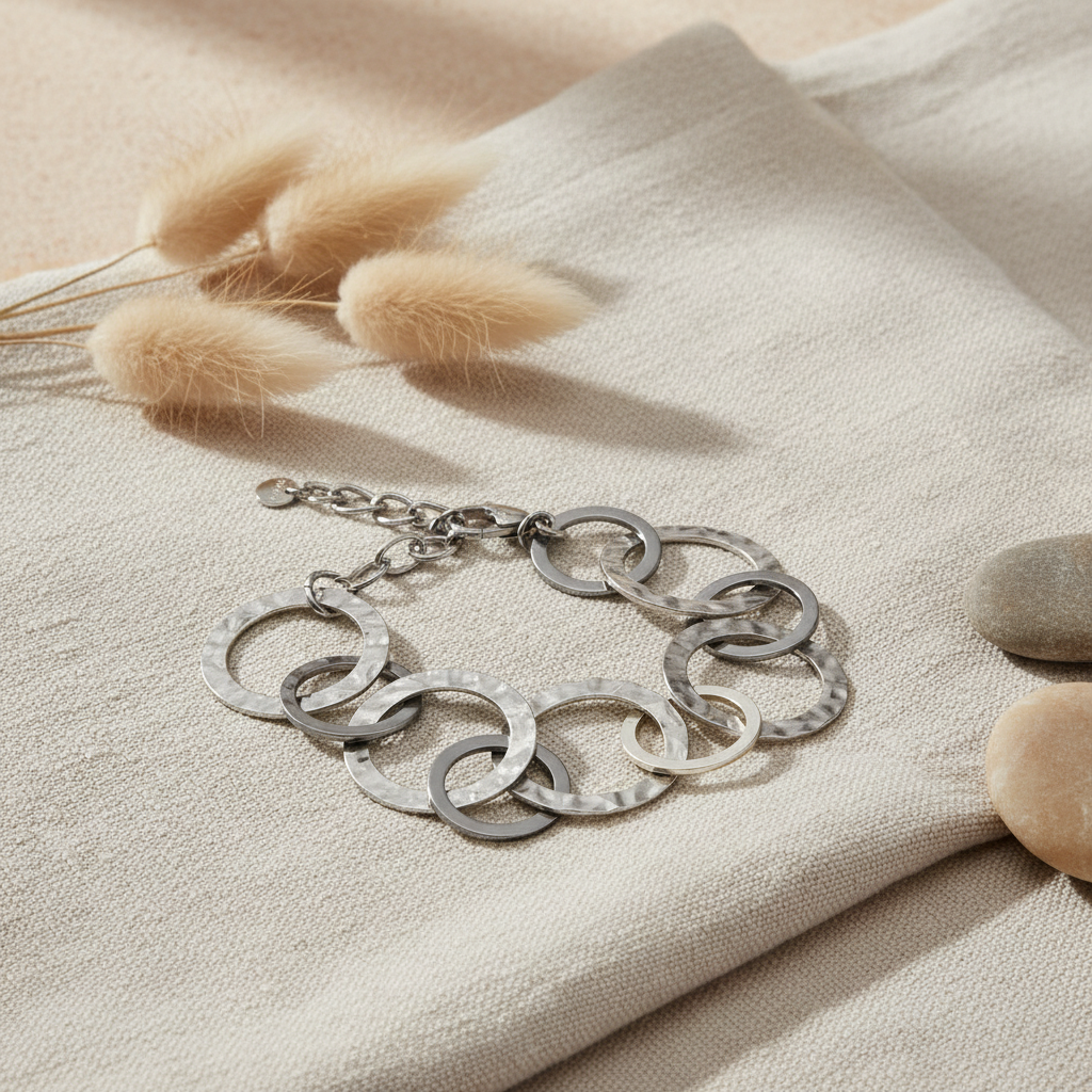 Minimalist silver circle link chain bracelet artisan jewelry