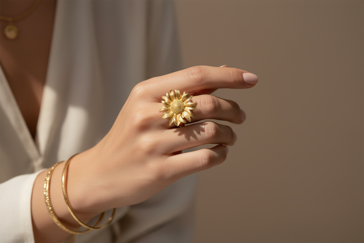 Flower ring in gold stainless steel — handmade floral jewelry from Bali
