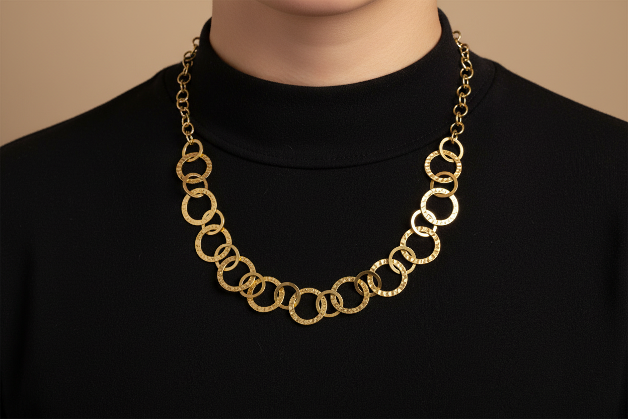 Handmade gold linked hoop necklace everyday boho style on neck