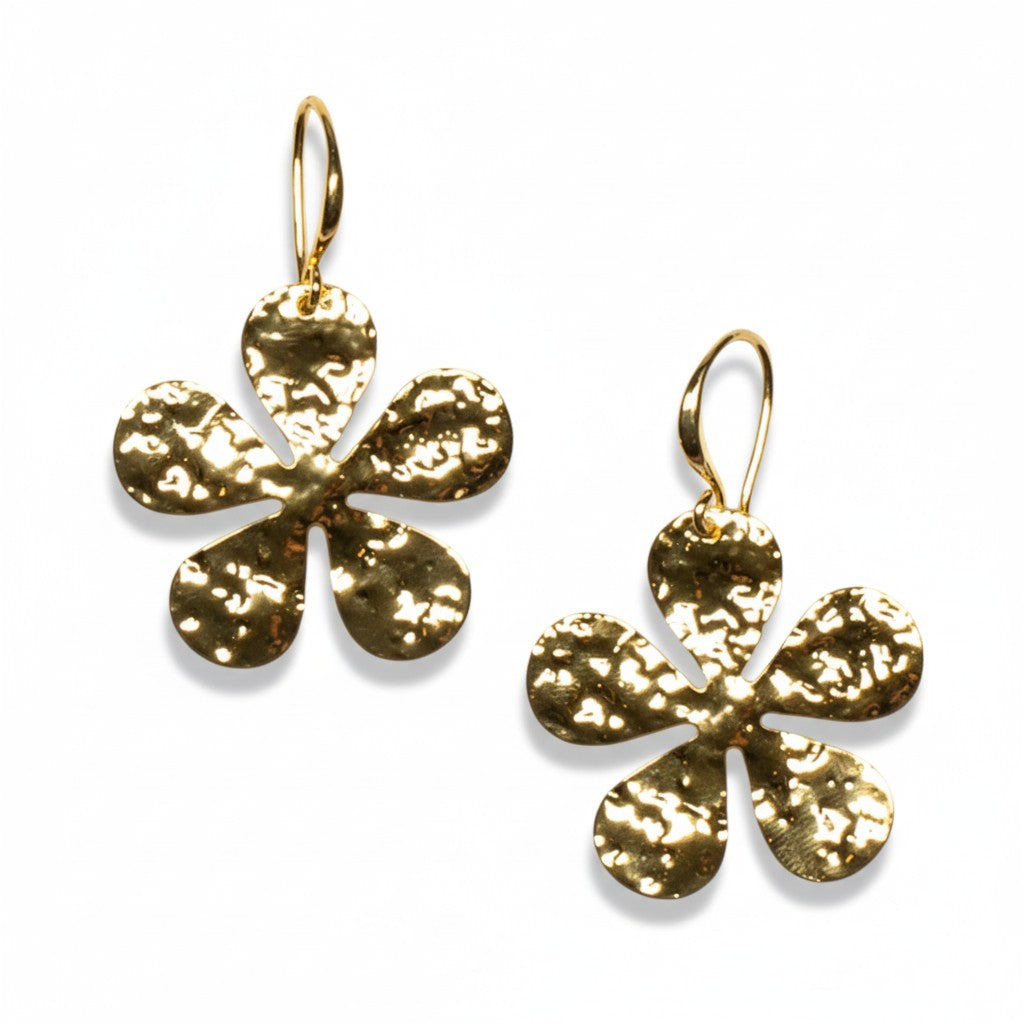 Gold plate hammered flower drop earrings artisan boho jewelry