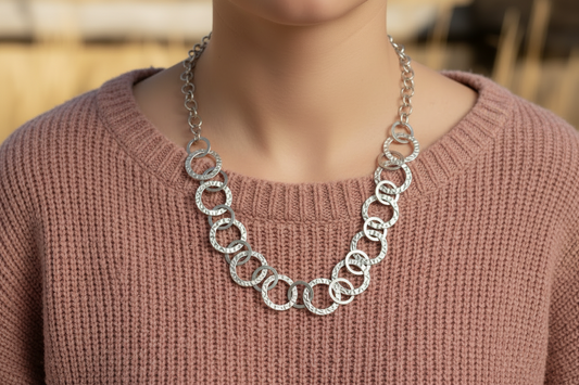Handmade silver linked hoop necklace everyday boho style on woman
