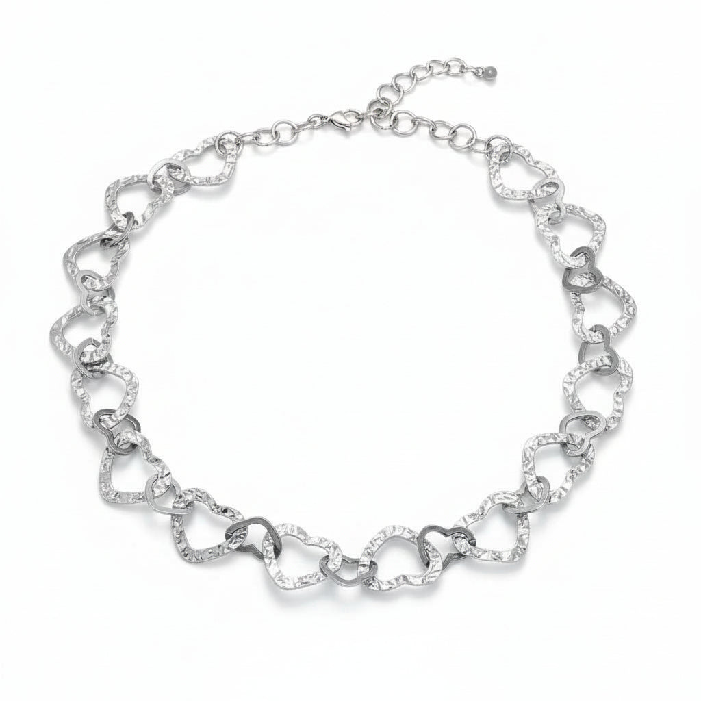 Silver heart link chain necklace romantic artisan jewelry