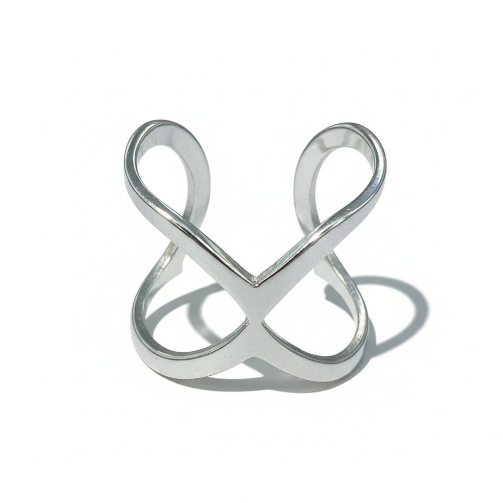 Open X ring in silver stainless steel — hypoallergenic tarnish-resistant artisan jewelry