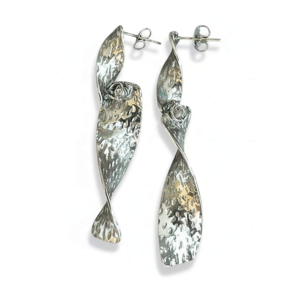 Silver stainless steel beaten metal twist earrings handcrafted jewelry