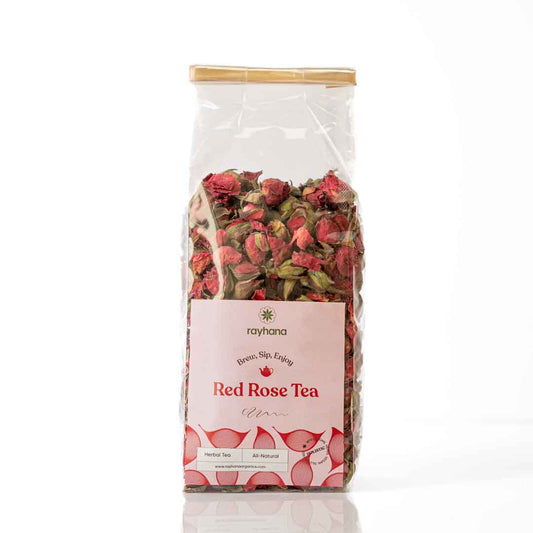 Romantic red rose bud herbal tea — whole dried rose buds for mood lifting and antioxidant wellness