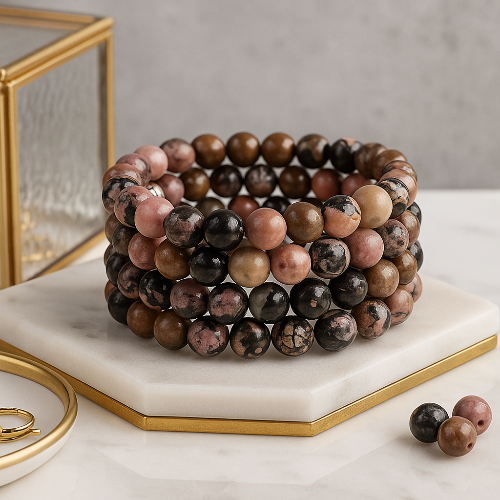 Rhodonite bead bracelet close-up — stone of self-love crystal bracelet handcrafted in Canada