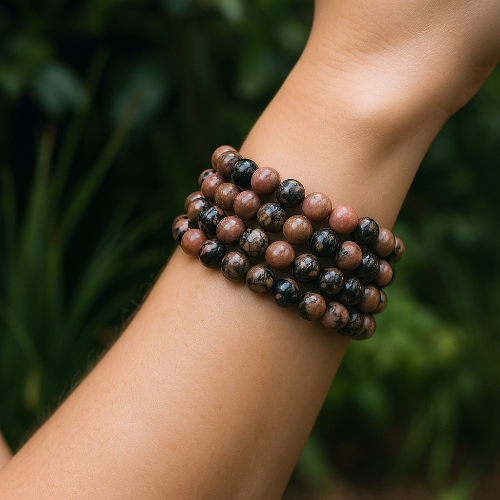 Rhodonite gemstone bracelet for self-love — pink and black crystal bead bracelet for emotional healing