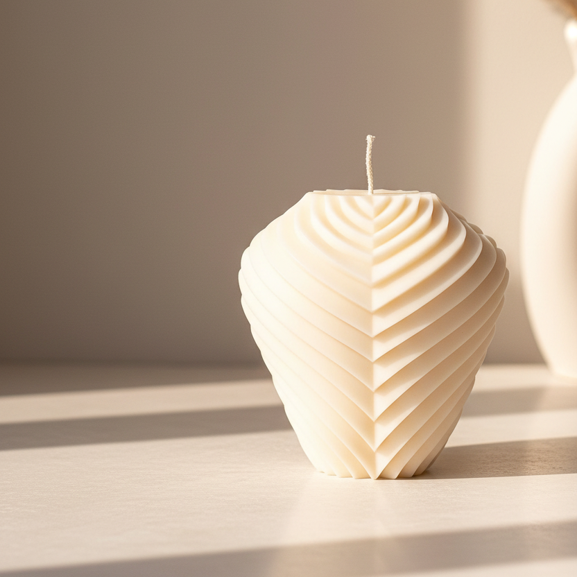 Cream ivory ribbed heart layered sculptural soy candle with geometric ridge detail — Estelle Studio artisan statement candle, modern home décor Canada