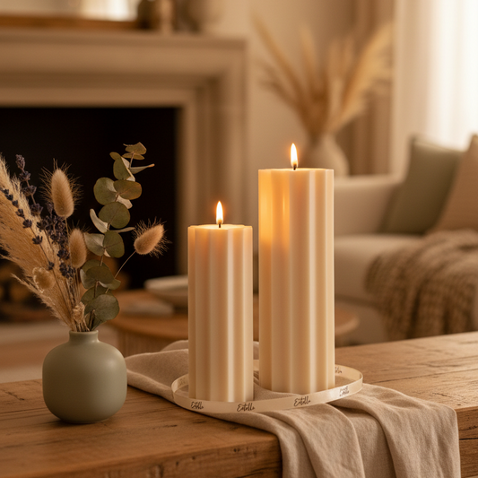 Estelle Studio ribbed pillar candle duo cream ivory styled on elegant mantle — tall and medium fluted column soy candles modern home décor Canada