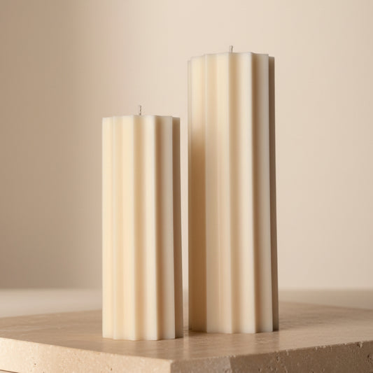 Cream ivory ribbed fluted pillar soy candle set — tall and medium architectural column candles, Estelle Studio artisan home décor Canada