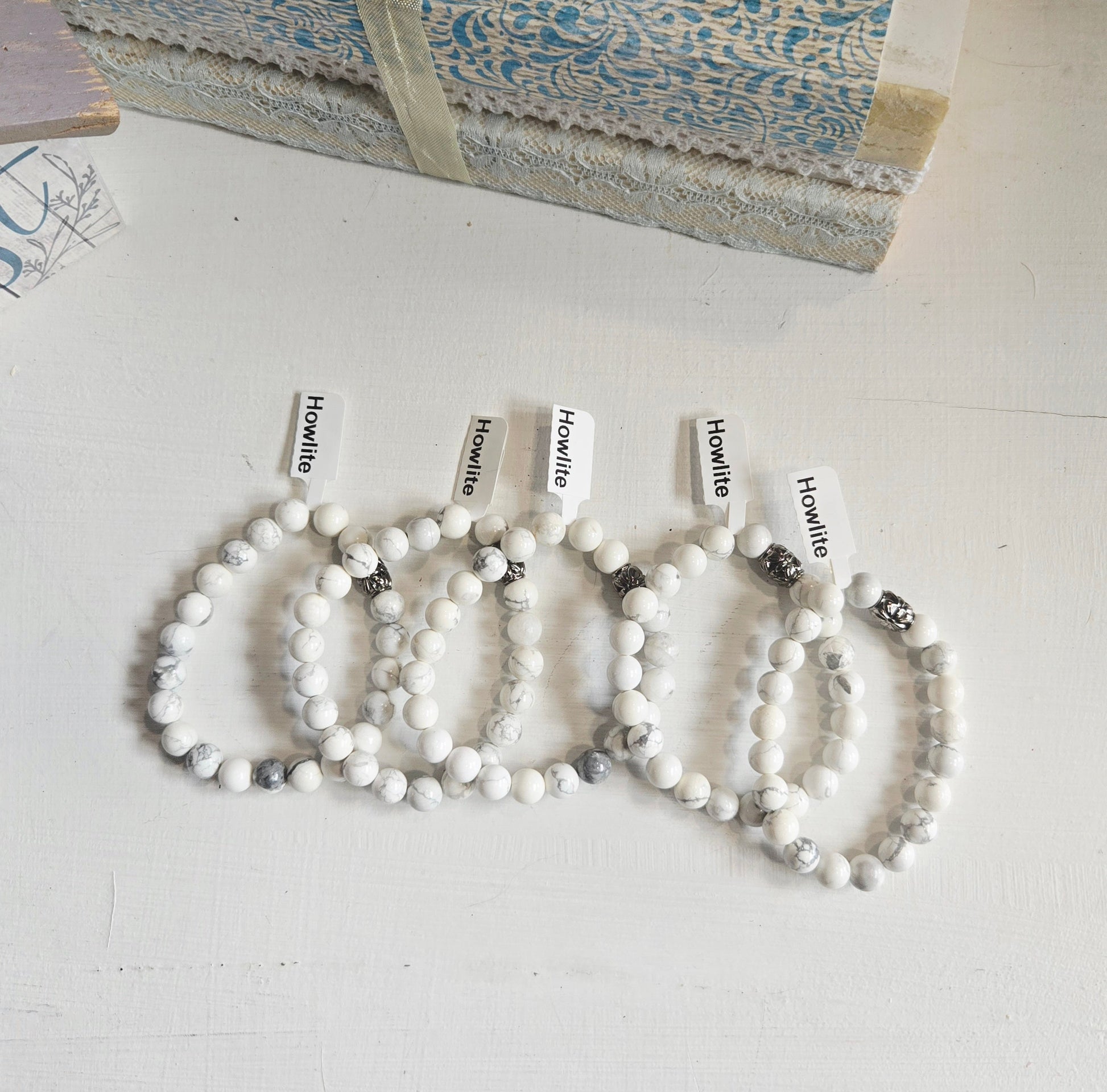 Howlite crystal bracelet close-up — white marbled stone bead bracelet handcrafted in Canada