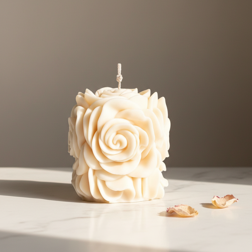 Cream ivory rose flower pillar candle sculptural soy wax — Estelle Studio artisan floral candle, decorative home accent candle Canada