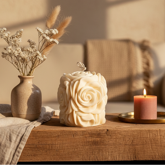 Cream ivory rose flower pillar candle sculptural soy wax — Estelle Studio artisan floral candle, decorative home accent candle Canada