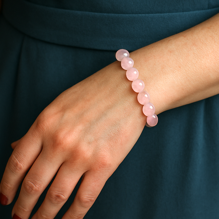 Loving and heart-opening rose quartz bead bracelet in soft blush pink