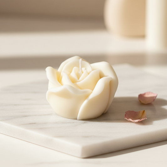 Cream ivory rose shaped soy candle with layered petal detail — Estelle Studio artisan floral candle, romantic home décor gift candle Canada