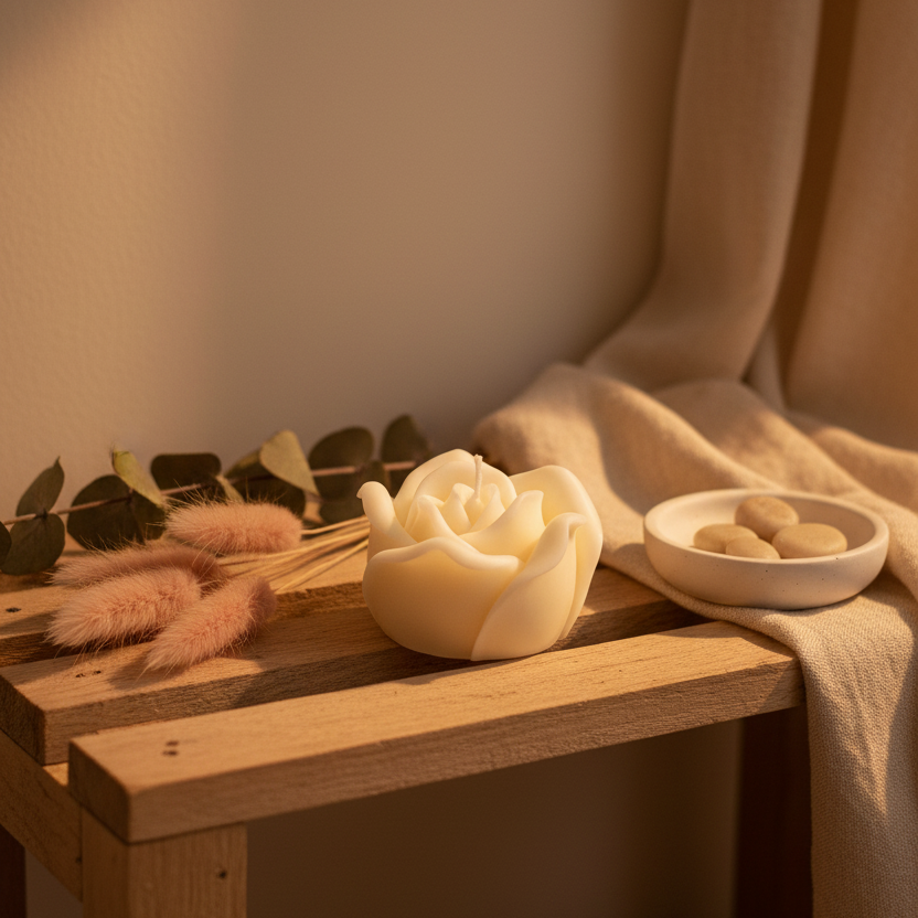 Estelle Studio rose soy candle cream ivory styled in romantic bedroom with dried florals — sculptural floral candle self care gift home décor Canada