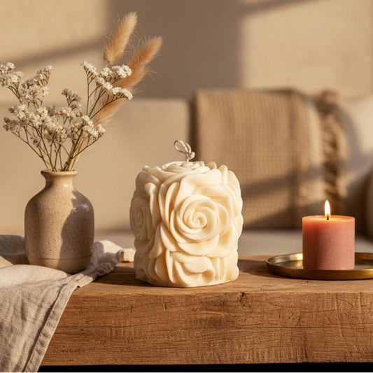 Cream ivory rose flower pillar candle sculptural soy wax — Estelle Studio artisan floral candle, decorative home accent candle Canada