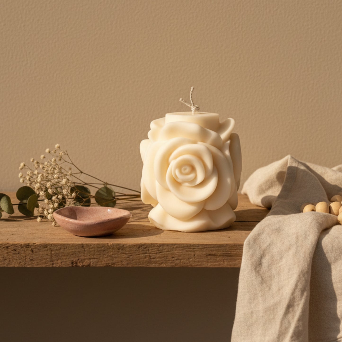 Estelle Studio rose pillar candle cream ivory styled on wooden shelf in bohemian home — sculptural floral soy candle romantic home décor Canada