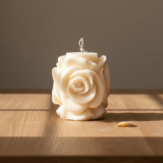 Cream ivory rose flower pillar candle sculptural soy wax with large petal detail — Estelle Studio artisan floral candle, home décor gift candle Canada