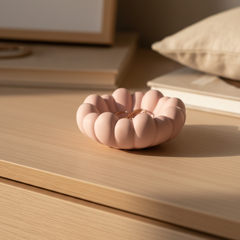 Dusty pink round scalloped jesmonite trinket tray and jewelry dish with gold rings on a dresser in warm natural light