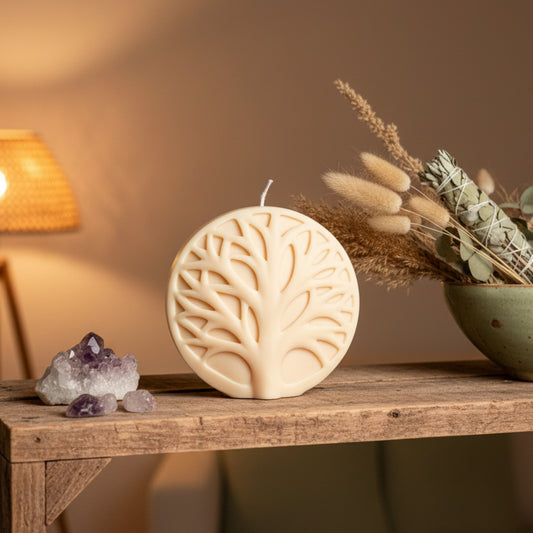 Estelle Studio tree of life disc candle cream ivory styled on wooden shelf — sculptural nature soy candle bohemian home décor Canada
