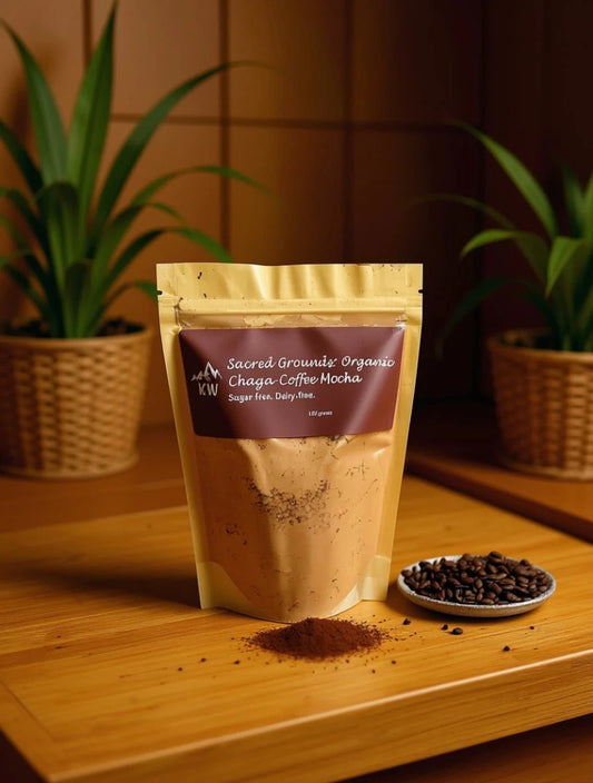 Sacred Grounds Organic Chaga Coffee Mocha package on a wooden surface with coffee beans and plants in the background.