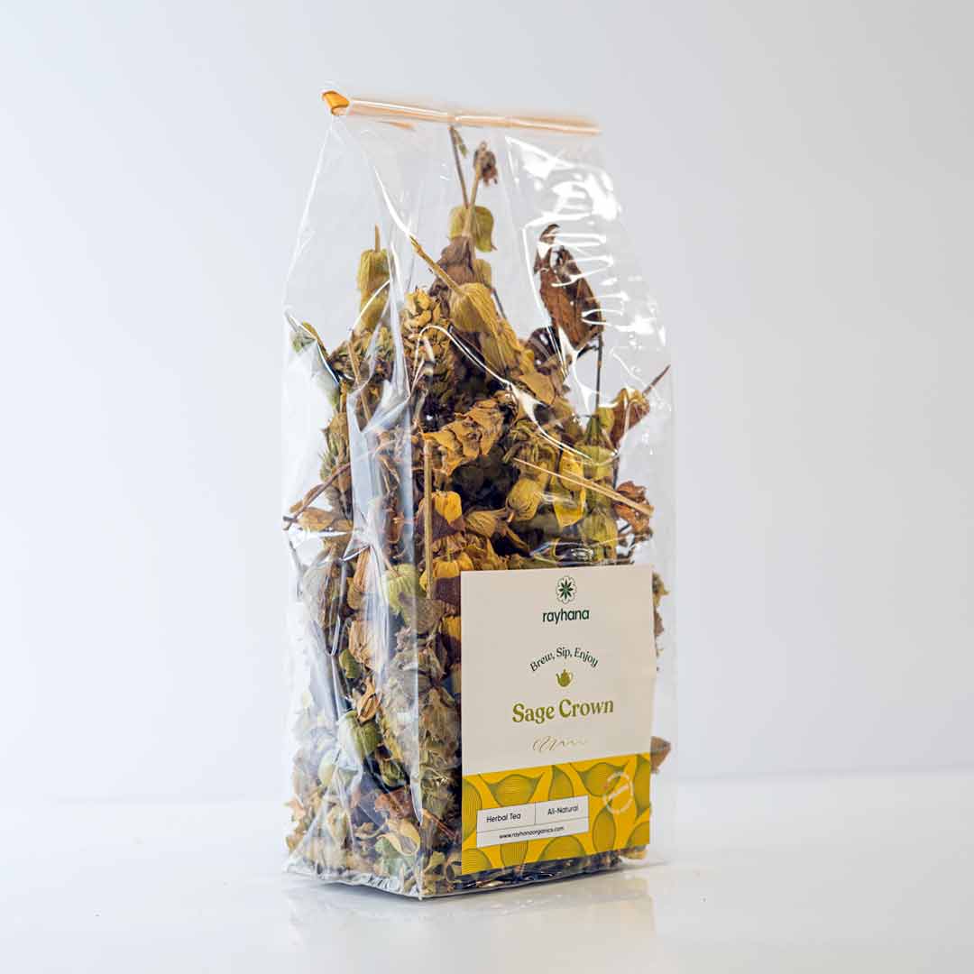 Close-up of dried sage crown flower heads — loose herbal tea by Rayhana Organics for natural wellness