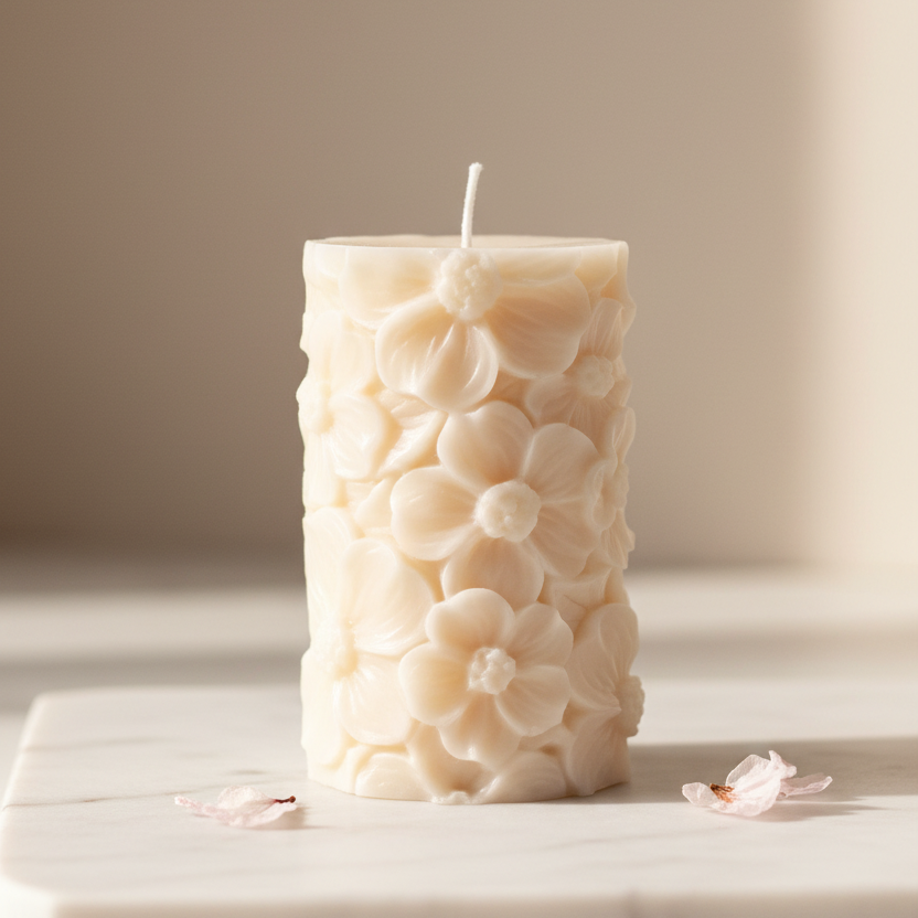 Cream ivory sakura cherry blossom pillar candle sculptural soy wax — Estelle Studio artisan floral candle, decorative home accent candle Canada