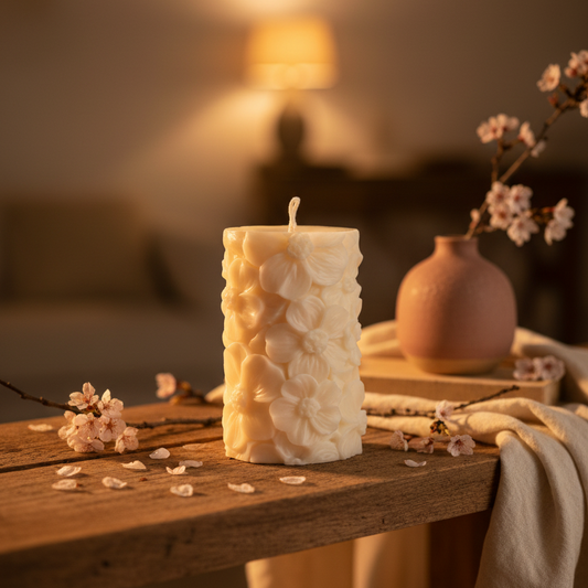 Estelle Studio sakura candle cream ivory styled on wooden shelf — sculptural cherry blossom soy candle bohemian home décor Canada