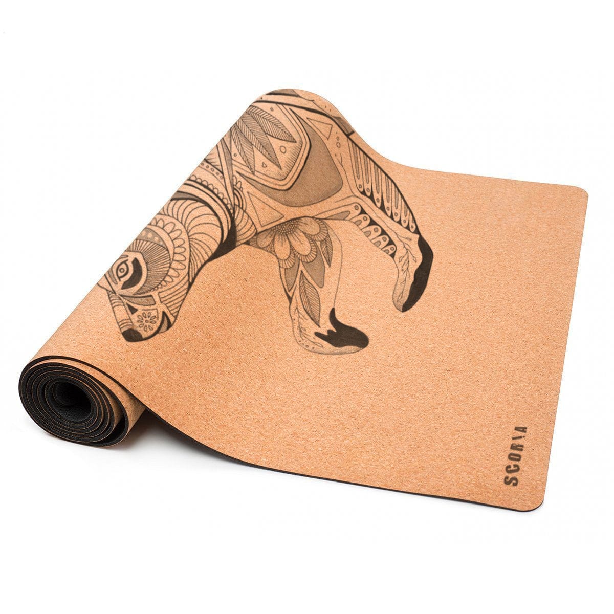 half-rolled cork yoga mat with bear design on a white background