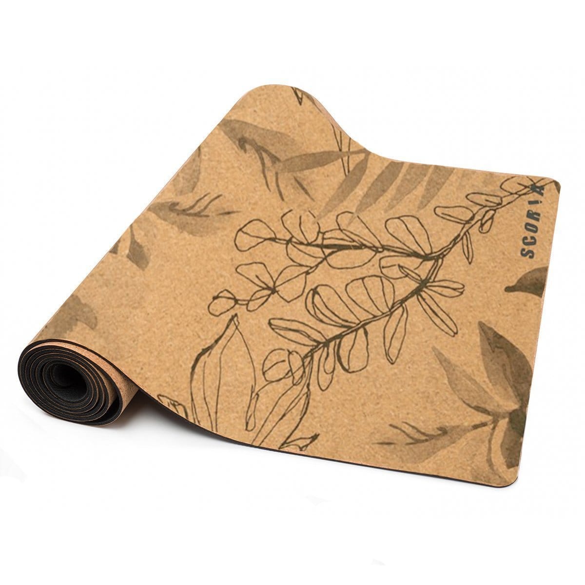 Yoga mat half rolled with leaf pattern on a white background