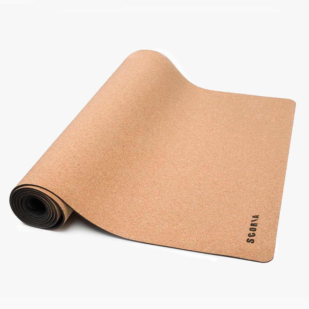 Cork yoga mat with 'SCORPA' branding on a white background