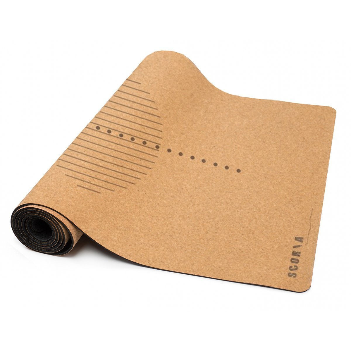 Cork yoga mat with 'geometric design' and branding on a white background