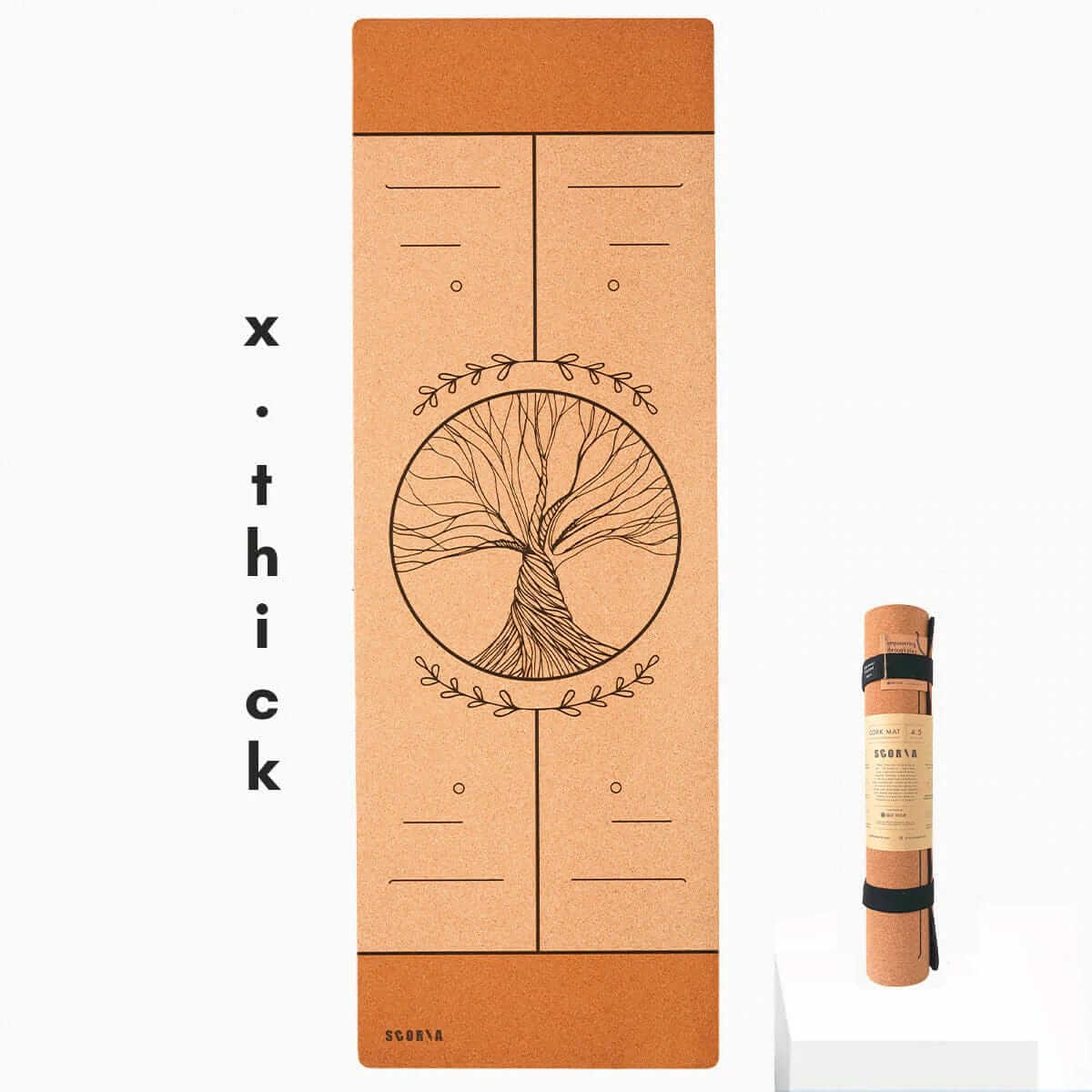 extra thick cork yoga mat with packaging featuring a tree design on a white background