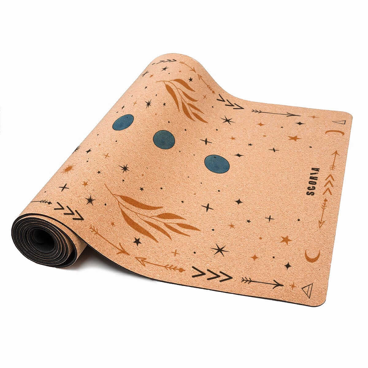 cork yoga mat with butterfly design half-rolled on a white background