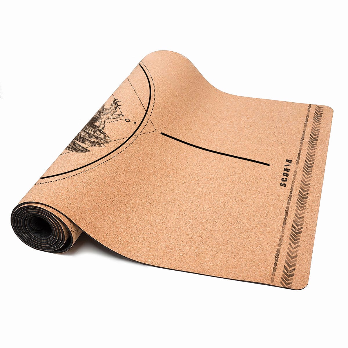 Rolling cork yoga mat with owl design on a white background