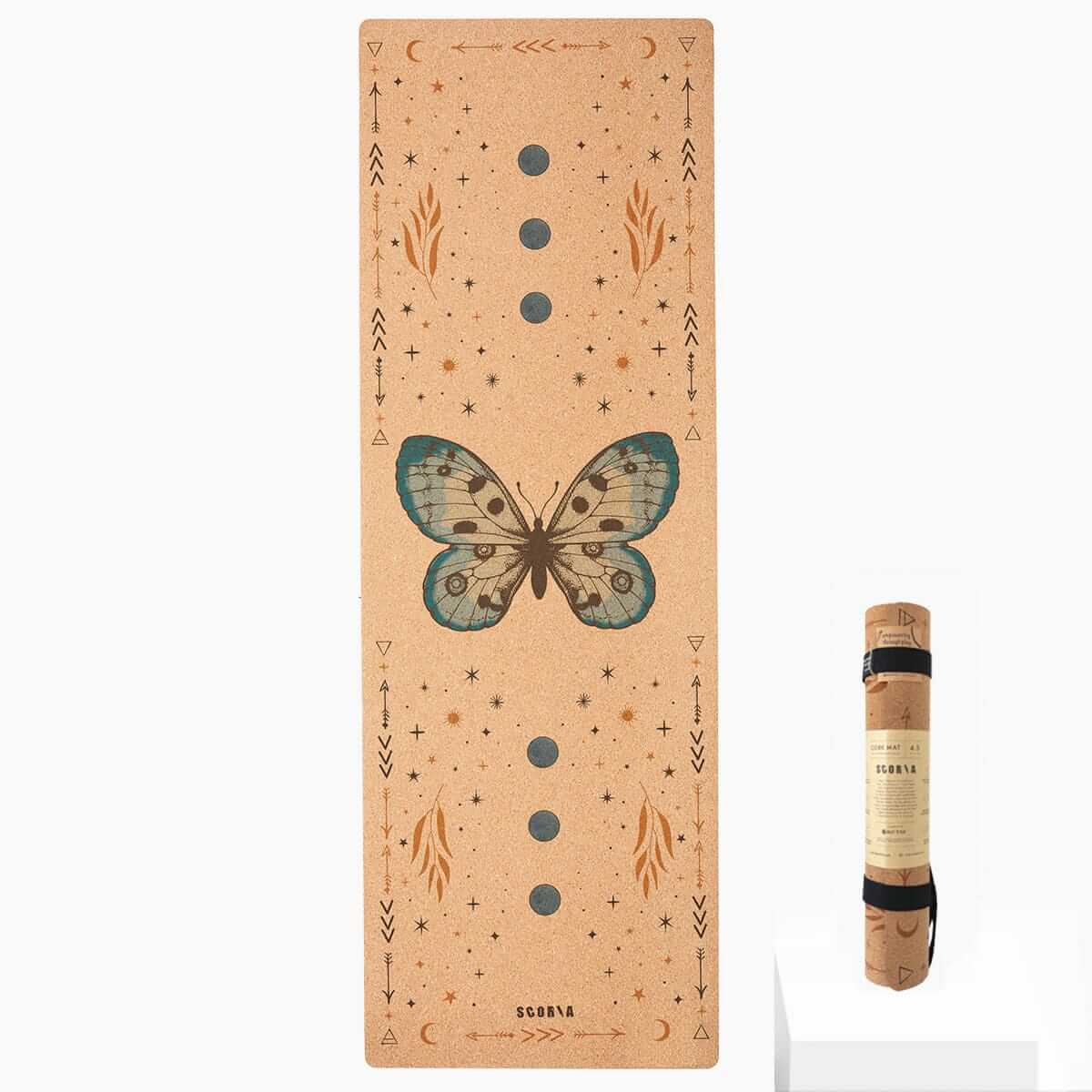 cork yoga mat with butterfly design and rolled-up mat on a white background