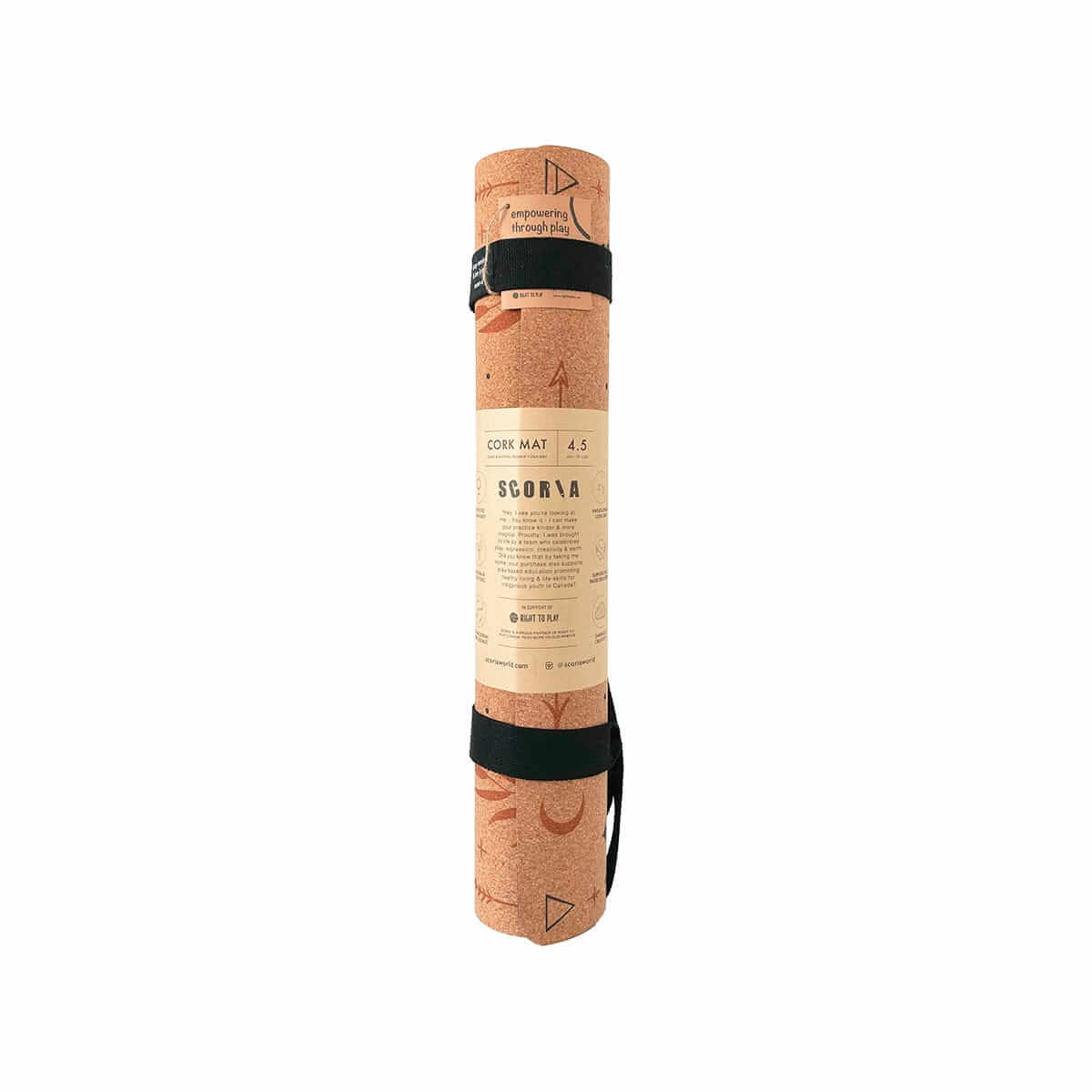 Cork yoga mat with black straps on a white background