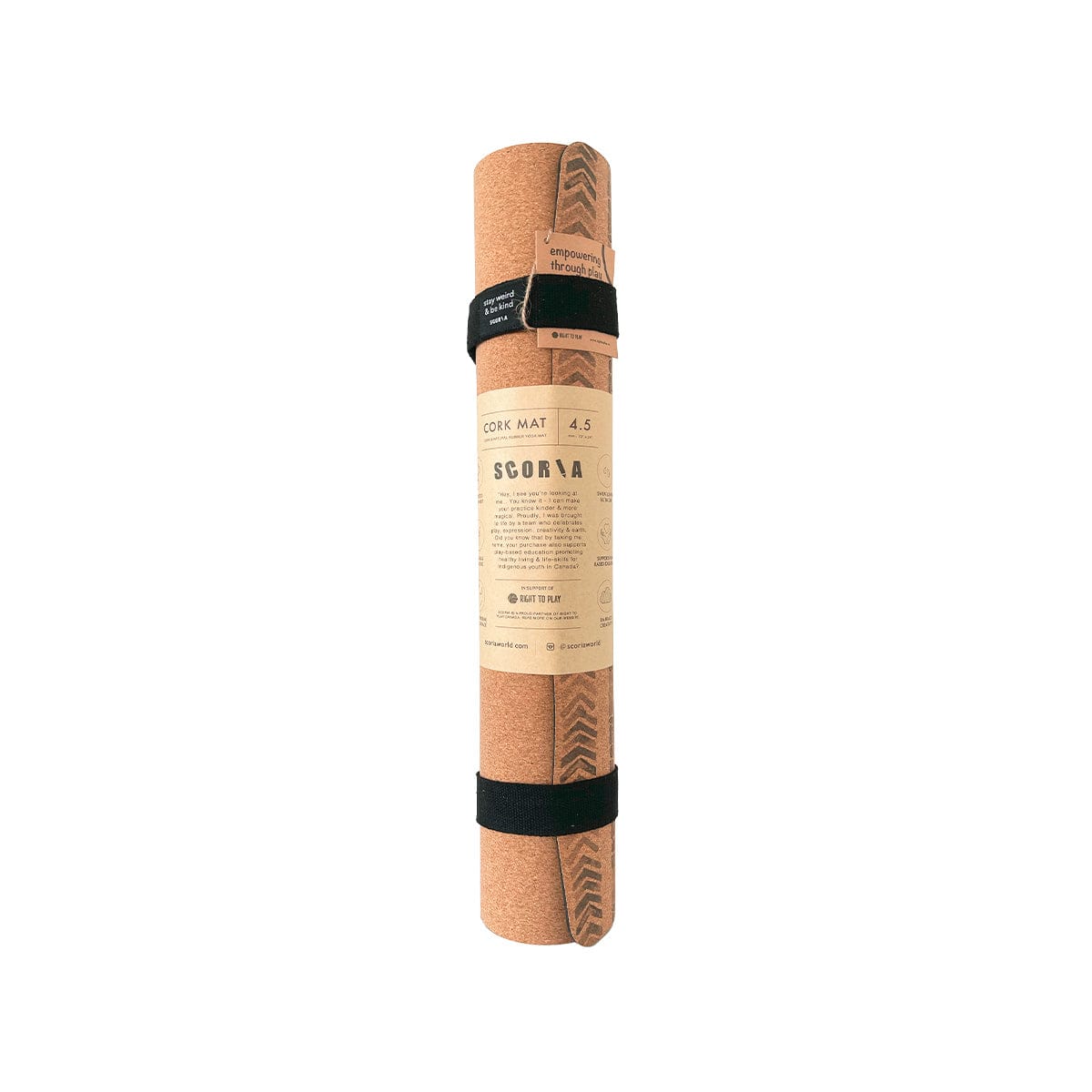 cork yoga mat with owl design with strap rolled up on a white background