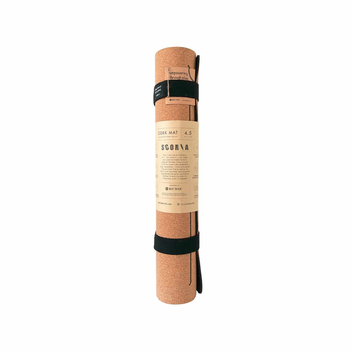 extra thick cork yoga mat with a label rolled up with a strap on a white background
