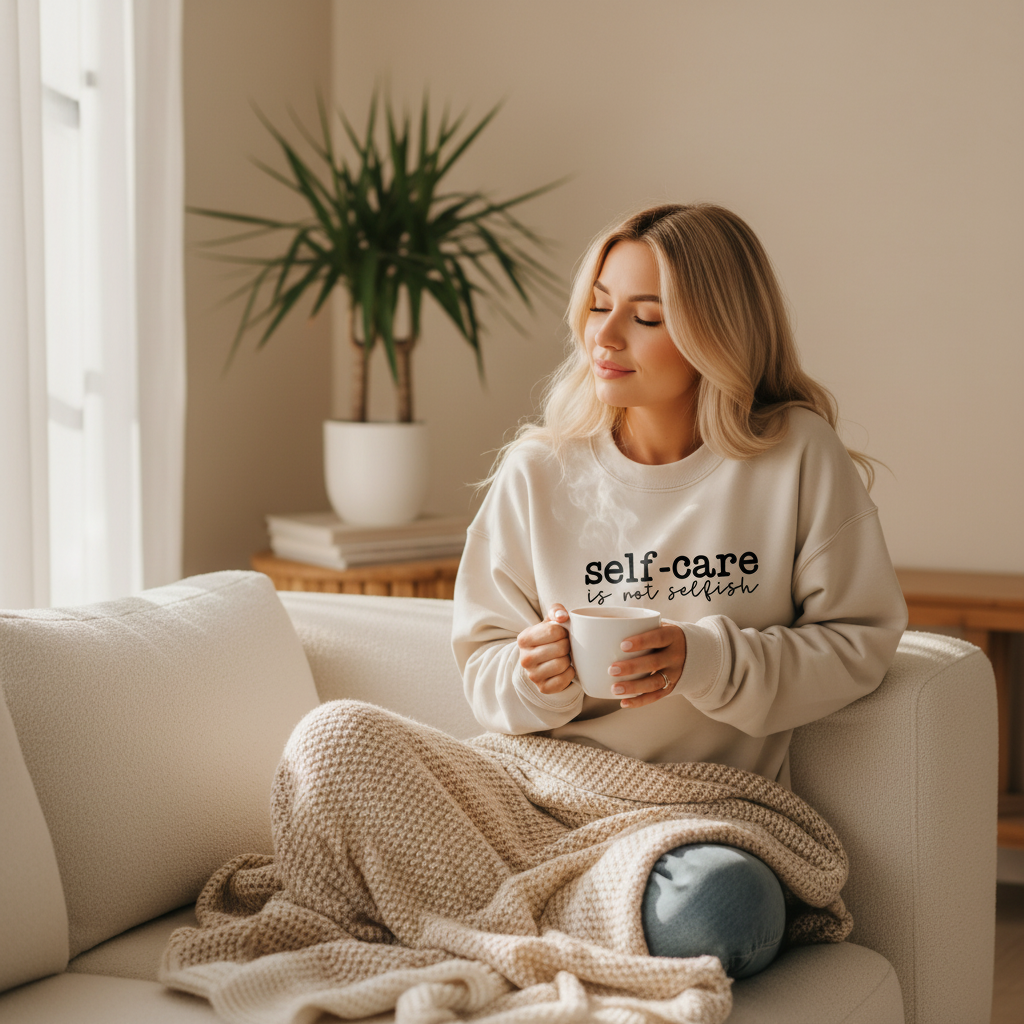 Self Care Is Not Selfish sweatshirt in soft cozy fleece for casual everyday wear sand color