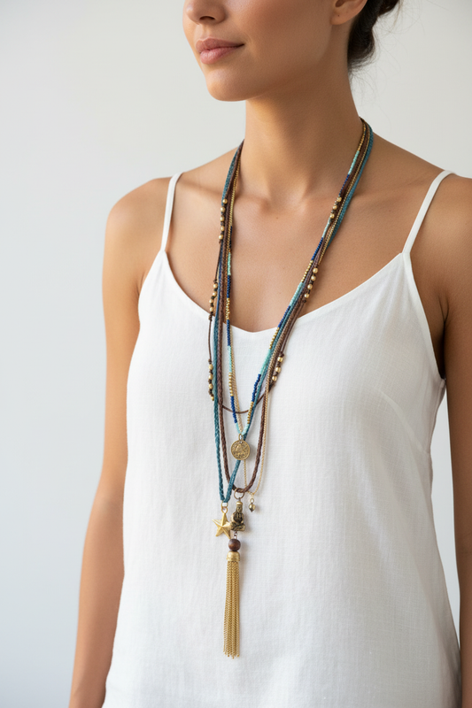 Layered multi-strand boho necklace with blue seed beads, gold chains, coin pendant, star charm, sitting Buddha charm and long gold chain tassel worn by a woman — handmade in India for spiritual and statement style