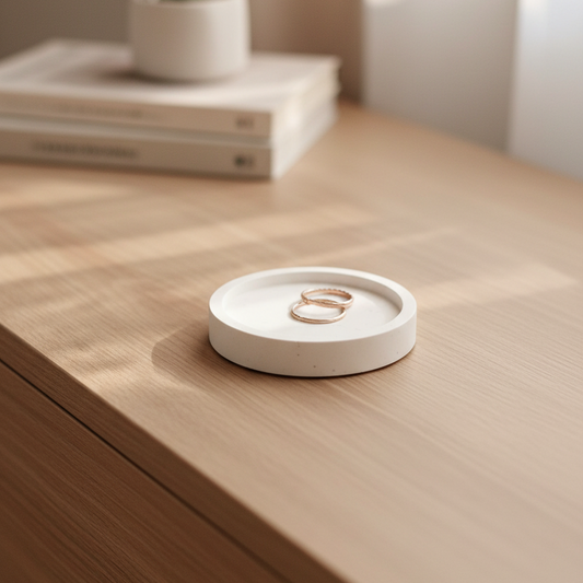 Small white jesmonite round trinket tray and jewelry dish with gold rings on a dresser in warm natural light.