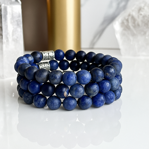 Sodalite gemstone bracelet luxury display — stone of communication crystal bracelet for women