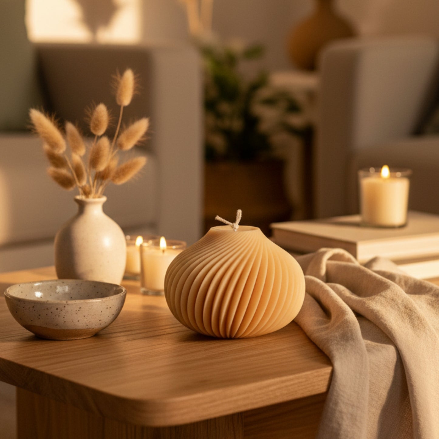 Estelle Studio spiral vase candle warm sand cream styled on bohemian shelf — round sculptural ridge soy candle modern home décor accent Canada