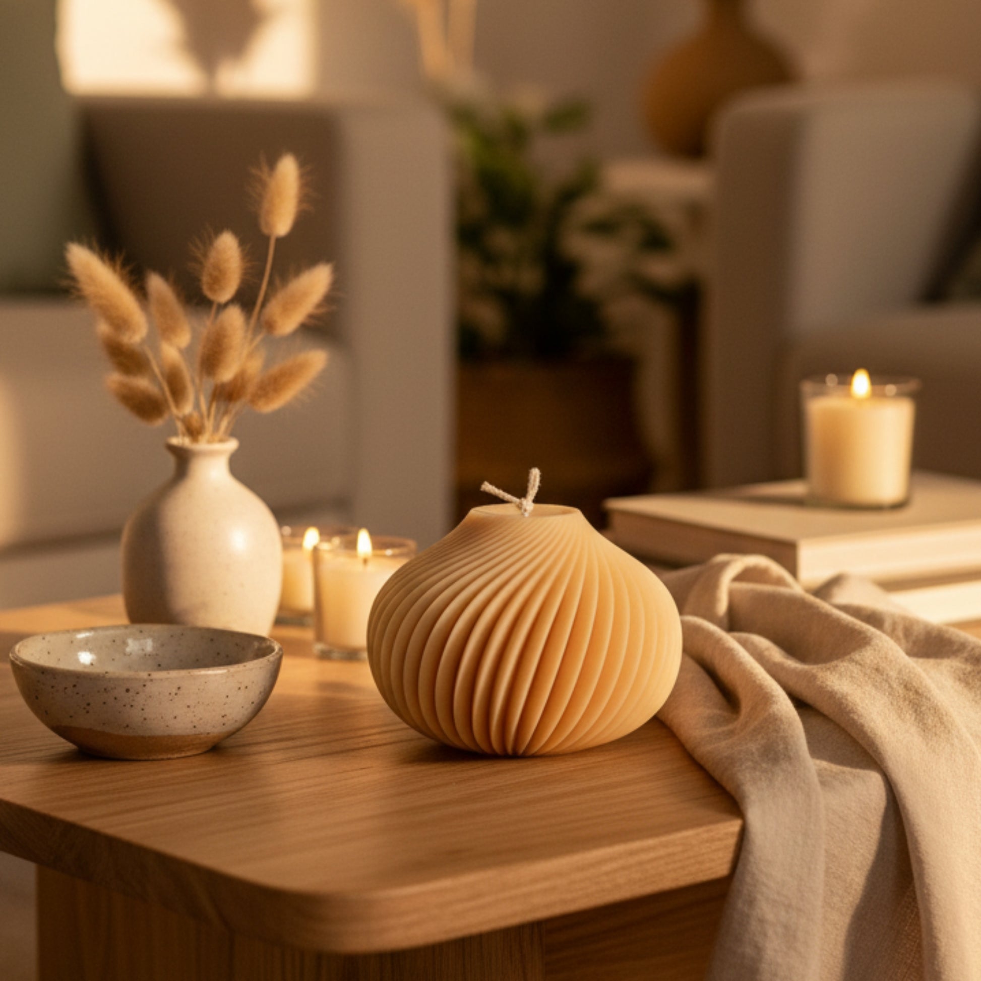 Estelle Studio spiral vase candle warm sand cream styled on bohemian shelf — round sculptural ridge soy candle modern home décor accent Canada