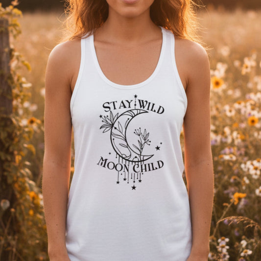 Women's Stay Wild Moon Child racerback tank — boho moon gift for women, free spirit tank top for her