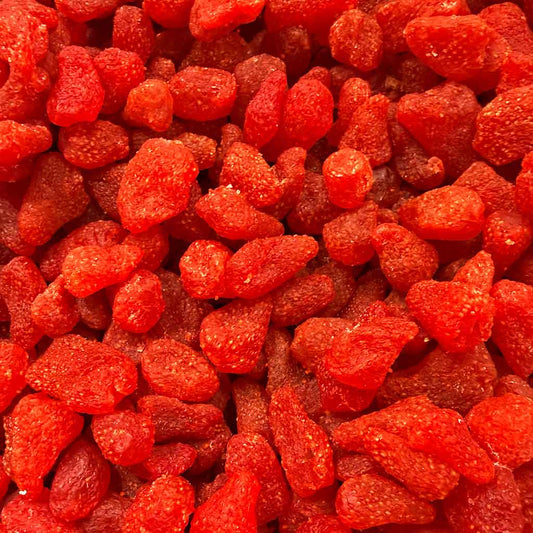 Sugared dried strawberry slices — sweet dehydrated fruit for snacking, baking, and herbal tea blending
