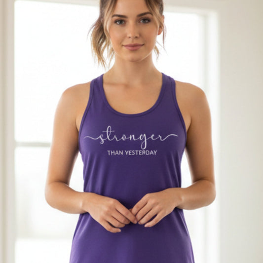 Women's Stronger Than Yesterday racerback tank — motivational gift for women, fitness progress shirt for her